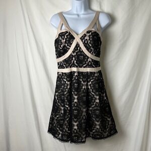 ANTONIA Womans Heart Lace Babydoll Mini Dress Size 6 Black Beige Romantic Party